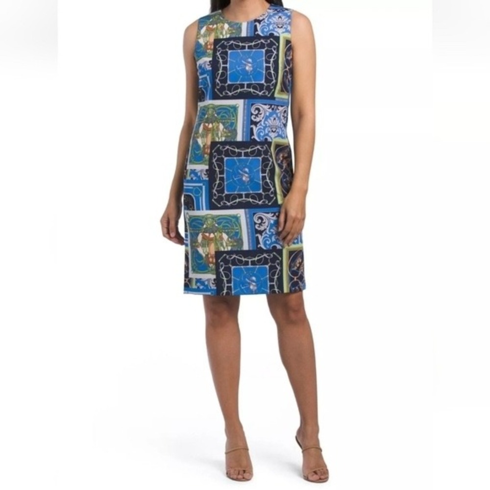 J.McLaughlin Belinda Sheath Dress 4 Blue Green Equestrian Scarf Sleeveless Shift